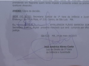 Decisão do Juiz da vara da infância, José Américo