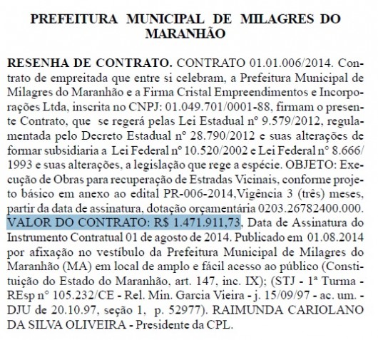 Extrato de contrato Milagre do Maranhão