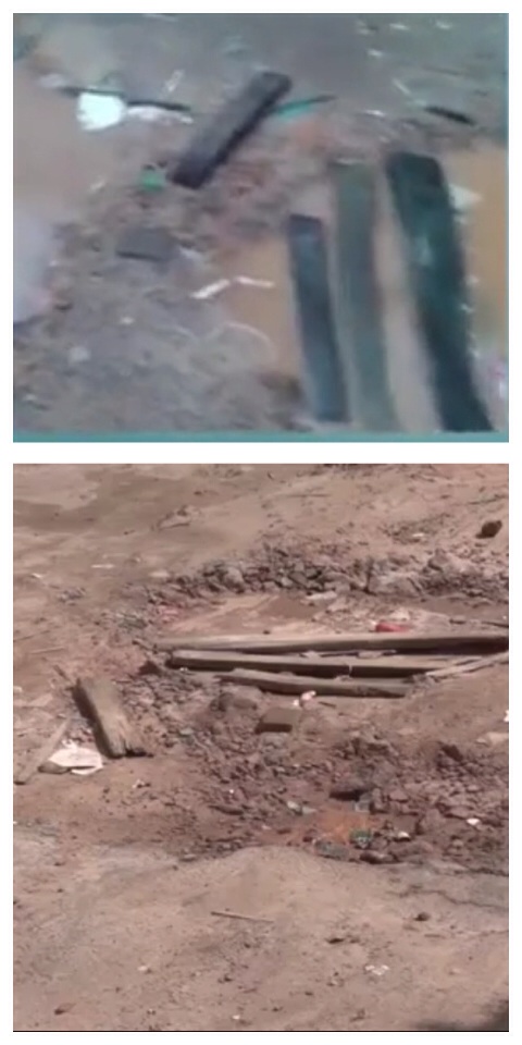 Buraco causado pela obra da CAEMA em duas épocas: Cheio e seco.