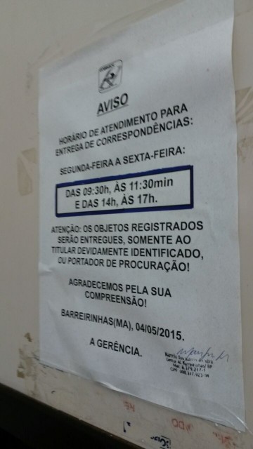 Aviso sobre horário de atendimento na agência dos Correios em Barreirinhas