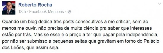 Postagem do senador Roberto Rocha no Facebook