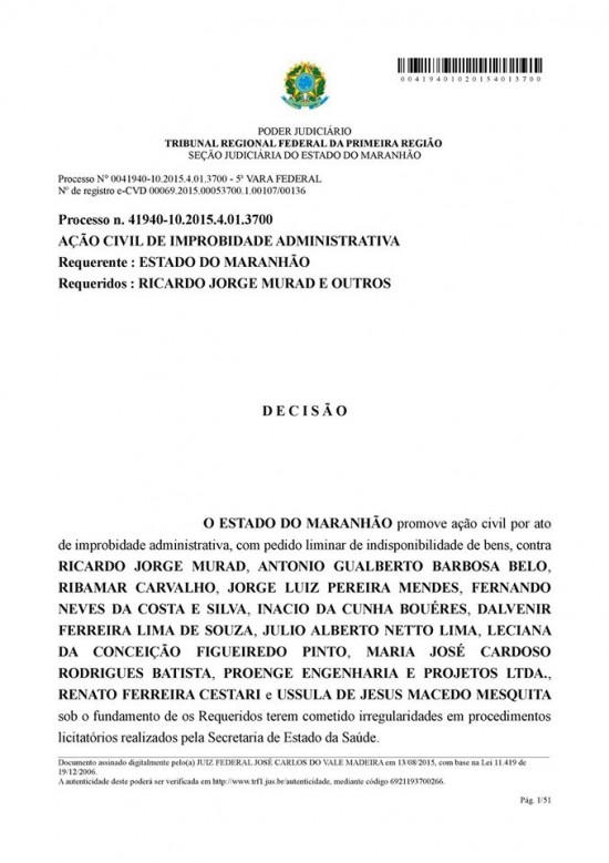 Documento judicial com a decisão do bloqueio de bens