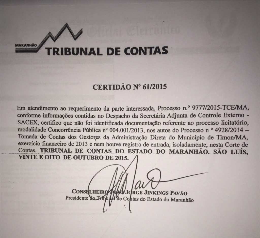 Documento que comprova a omissão do contrato pelo Prefeito de Timon.