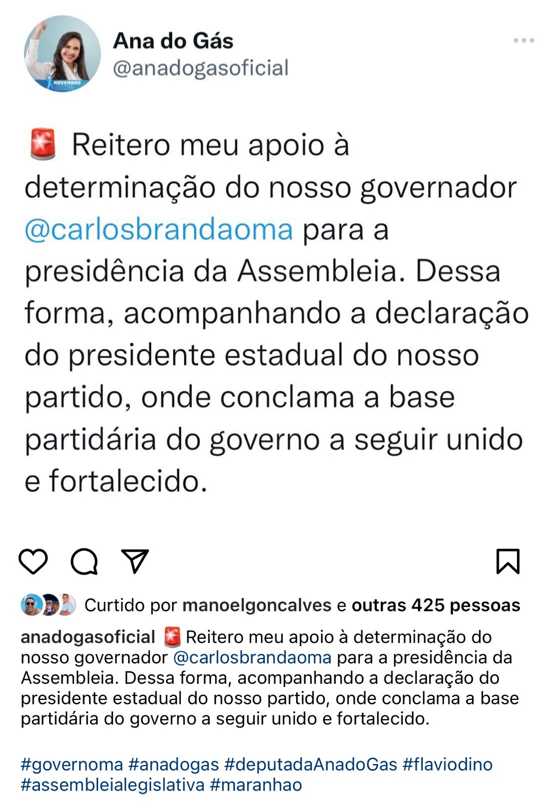 Publicação possuía a hashtag com o nome da deputada Iracema, candidata de Brandão, mas foi excluído.